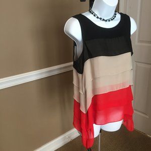 🛍️ Madison Black, Tan & Red Layered Look Dressy  Sleeveless Top Small